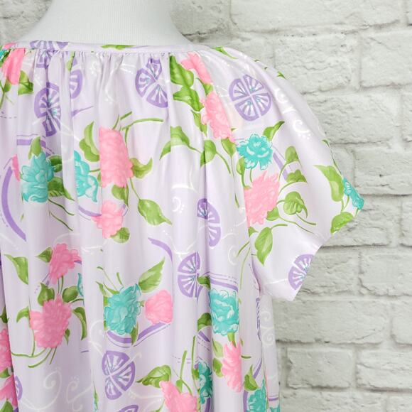 Vintage Purple Pink Tropical Floral Nightgown Nightie Kaftan Keyhole Neck OSFA - Picture 10 of 15